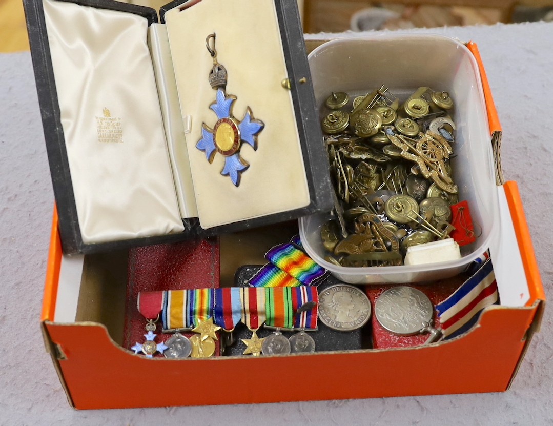 A WWI / WWII CBE group to Surg. S.Lt.D.E.Bedford RNVR with additional awards and a group of assorted buttons and cap badges